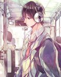  bus fujiwara_truffe ground_vehicle headphones highres male_focus motor_vehicle necktie original school_uniform solo 