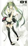  armband bad_id bad_pixiv_id bangs belt black_bow black_footwear black_legwear bow bridal_gauntlets character_name collared_shirt elbow_gloves fingerless_gloves full_body gloves green_eyes green_hair hair_ribbon hand_to_own_mouth hatsune_miku hatsune_miku_(append) headphones highres legs long_hair navel necktie open_clothes open_shirt partly_fingerless_gloves revision ribbon shirt solo speaker stirrup_legwear thighhighs toeless_legwear twintails very_long_hair vocaloid vocaloid_append yoshito zettai_ryouiki zoom_layer 