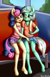  2018 absurd_res amber_eyes anibaruthecat anthro anthrofied barefoot blue_eyes blush bonbon_(mlp) breasts clothed clothing cub duo equine eyelashes female female/female fingering_through_clothes friendship_is_magic grin hair hi_res horn lyra_heartstrings_(mlp) mammal multicolored_hair mutual_masturbation my_little_pony open_mouth open_smile panties pussy_juice shirt sitting skirt small_breasts smile underwear unicorn wet_panties young 