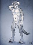  abs animal_genitalia anthro balls biceps black_eyes body_markings canine canine_penis chest_tuft claws dalmatian digitigrade dog flaccid fur grey_fur grey_hair hair hindpaw looking_at_viewer male mammal markings muscles nude paws pecs penis plain_background pose sheath solo spots standing toe_claws toes tsaiwolf tuft white_fur 