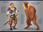  biceps blonde_hair brown_eyes brown_fur canine clothing facial_hair fur hair human looking_at_viewer male mammal model_sheet muscles nude open_mouth panting pikeo pirate solo sword teeth tongue weapon were werewolf 