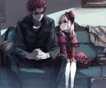  1girl blush couch dress gothic_lolita hands_clasped hands_on_own_knees hat hina_(xoxo) k_(anime) kushina_anna lolita_fashion long_hair open_mouth own_hands_together pantyhose red_eyes red_hair short_hair silver_hair sitting suou_mikoto_(k) white_legwear 