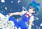  :d blue_eyes blue_hair blush bow cirno dress flower hair_bow ice ice_wings nekosugi_(hoshi) open_mouth petals ribbon short_hair smile snowflakes solo touhou wings 