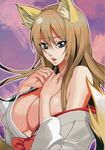  1girl absurdres animal_ears bare_shoulders blonde_hair blue_eyes breasts brown_hair cleavage fox_ears highres inkey japanese_clothes kimono large_breasts long_hair looking_at_viewer no_bra open_clothes open_mouth original simple_background solo standing tail undressing 