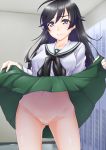  ahoge ass_visible_through_thighs bangs black_eyes black_hair black_neckwear blouse blurry blurry_background closed_mouth cowboy_shot eyebrows_visible_through_hair girls_und_panzer gluteal_fold green_skirt groin indoors isuzu_hana locker locker_room long_hair long_sleeves looking_at_viewer miniskirt navel neckerchief no_panties ooarai_school_uniform pleated_skirt pussy school_uniform serafuku shiromitsu_suzaku skirt solo standing thighs white_blouse 