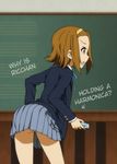  1girl ass brown_eyes brown_hair chalkboard female hard_translated harmonica instrument k-on! landolt_tamaki school_uniform short_hair solo tainaka_ritsu text translated 