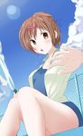  brown_eyes brown_hair chuunibyou_demo_koi_ga_shitai! cloud day fence hair_ornament hair_up hairclip hose looking_at_viewer nibutani_shinka one-piece_swimsuit open_mouth outstretched_hand peanuts_(ennuim) pool school_swimsuit sitting solo swimsuit water wet 