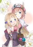  arm_grab arms_around_neck atelier_(series) atelier_rorona blonde_hair blue_eyes blush bow brown_hair capelet cuderia_von_feuerbach dress flower hair_bow hat height_difference highres hug hug_from_behind lily_(flower) long_hair long_sleeves multiple_girls nasubi_kyou nose_blush one_eye_closed open_mouth rororina_fryxell short_hair smile sweatdrop two_side_up 