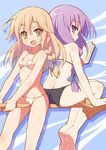  9law ass barefoot bikini blonde_hair book bow braid broom broom_riding cameltoe hair_bow kirisame_marisa long_hair multiple_girls multiple_riders no_hat no_headwear oekaki open_mouth patchouli_knowledge purple_eyes purple_hair revision sidesaddle single_braid swimsuit touhou yellow_eyes 