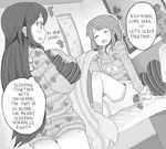 2girls alternate_hairstyle ass bed bedroom clothed come_hither drawr female hair_down hard_translated heart hirasawa_yui indoors k-on! kuzu_kow long_hair monochrome multiple_girls nakano_azusa no_nose open_mouth pajamas pillow short_hair shorts sitting sleepover smile speech_bubble spoken_heart text translated 