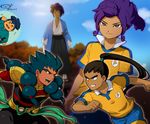  bad_id bad_pixiv_id blue_hair brown_hair closed_eyes cloud day fusion green_hair grin hakama haori inazuma_eleven_(series) inazuma_eleven_go inazuma_eleven_go_chrono_stone japanese_clothes katana lightning_bolt long_hair mizuhara_aki multiple_boys nishiki_ryouma okita_souji_(inazuma_eleven) open_mouth purple_hair raimon raimon_soccer_uniform sakamoto_ryouma_(inazuma_eleven) sandals shinsengumi sky smile soccer_uniform sportswear sword tabi tsurugi_kyousuke tsurugi_kyousuke_(mixi_max_okita_souji) weapon zanak_abalonic 