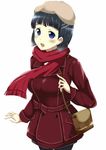  bad_id bad_pixiv_id bag black_hair blue_eyes blush coat hat kirigaya_suguha rika_(kakera) scarf short_hair solo sword_art_online 