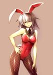 animal_ears bow bowtie breasts brown_eyes bunny_ears bunny_tail bunnysuit cleavage detached_collar fishnet_pantyhose fishnets highres kamitsurugi_ouka large_breasts long_hair original pantyhose silver_hair tail 
