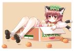  :3 =3 animal_ears blush bobby_socks box brown_eyes brown_hair cardboard_box cat_ears cat_tail chen food fruit full_body hat in_box in_container jewelry komiru multiple_tails nail_polish object_namesake orange orange_background shoes short_hair simple_background single_earring smile smug socks solo tail touhou white_legwear 