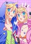  1girl :p blonde_hair blue_eyes brother_and_sister highres hood hoodie kagamine_len kagamine_rin looking_at_viewer short_hair siblings tongue tongue_out twins vocaloid yayoi_(egoistic_realism) 