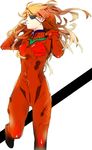  backlighting bangs blue_eyes bodysuit bracer breasts closed_mouth evangelion:_3.0_you_can_(not)_redo expressionless eyepatch floating_hair frown gloves hands_on_own_shoulders headgear highres isago_(ica) leg_lift leg_up legs_apart long_hair looking_to_the_side neon_genesis_evangelion one_eye_covered orange_hair pilot_suit plugsuit rebuild_of_evangelion red_bodysuit shikinami_asuka_langley simple_background small_breasts solo souryuu_asuka_langley standing standing_on_one_leg tape turtleneck white_background 