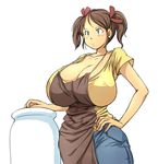  apron breasts brown_hair cleavage covered_nipples cow_girl hand_on_hip hataraki_ari huge_breasts original simple_background solo sukimi twintails white_background 