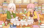  book cookie cup fairy_(jintai) food jinrui_wa_suitai_shimashita monosenbei multiple_girls pantyhose sitting table tea teacup teapot watashi_(jintai) y_(jintai) 