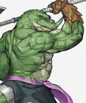  armor axe belt biceps brave_story_new_traveler chubby clothed clothing fangs flexing gauntlet green_skin grey_eyes half-dressed horn lizard looking_at_viewer looking_back male musclegut muscles pants pecs plain_background reptile sash scales scalie sogreth solo topless unknown_artist vein weapon white_background 