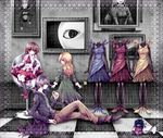  2girls ascot blonde_hair blood blue_eyes blue_flower blue_rose border brown_hair chair checkered checkered_floor coat doll doll_(ib) eyes flower garry_(ib) hair_over_one_eye high_heels highres ib ib_(ib) kneehighs long_hair looking_at_viewer mannequin mary_(ib) multiple_girls painting_(object) purple_hair red_eyes red_flower red_rose rose seren_(seresere) shoes short_hair sitting skirt smile yellow_flower yellow_rose 