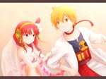  1girl ali_baba_saluja arya_(tianhua) blonde_hair blush dress flower hair_flower hair_ornament hairband long_hair magi_the_labyrinth_of_magic md5_mismatch morgiana red_eyes red_hair short_hair veil wreath yellow_eyes 