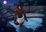  biceps black_hair black_nose brown_fur canine claws green_eyes hahul hair male moon muscles night pecs pool smile solo topless towel water wolf 