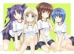  bike_shorts blonde_hair blue_eyes blue_hair brown_eyes brown_hair gym_uniform hairband little_busters! long_hair multiple_girls natsume_rin nishizono_mio noumi_kudryavka ponytail purple_hair red_eyes sasasegawa_sasami satou_aoi twintails 