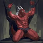  anthro biceps big_muscles bound briefs bulge chain chained clothed clothing cuffs dragon fur hair half-dressed horn kneeling male muscles nipples pecs red_dragon red_eyes red_skin scales scalie solo topless underwear white_fur white_hair 