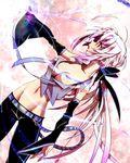  bow breasts cleavage detached_sleeves hair_bow highres jin_(mugenjin) long_hair looking_away medium_breasts midriff navel necktie open_mouth ponytail profile red_eyes silver_hair solo very_long_hair vocaloid voyakiloid yowane_haku 