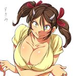  1girl animal_ears breasts brown_hair cleavage cow_girl cow_girl_(hataraki) female hair_ornament hataraki_ari horns huge_breasts naughty_face original shirt short_hair short_twintails simple_background solo text translated twintails upper_body white_background yellow_eyes 
