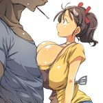  1girl animal_ears areola_slip areolae asymmetrical_docking breast_press breasts brown_hair cow_girl cow_girl_(hataraki) curvy gigantic_breasts hair_ornament hataraki_ari horns original pigtails profile short_hair short_twintails simple_background standing twintails upper_body white_background yellow_eyes 