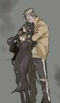  1boy 1girl black_dress black_gloves black_hair breasts brown_hair cleavage couple dark_skin dress fullmetal_alchemist gloves holding homunculus jacket long_hair lust multicolored_hair scar scar_(fma) short_hair strapless_dress two-tone_hair white_hair yarakuru 