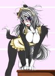  apron black black_hair blue_eyes blush breasts cat claws cleavage clothed clothing fangs feline female furry hair korarubi kyora large_breasts long_hair looking_at_viewer mammal open_mouth panties smile tail underwear yellow 