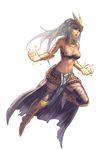  armlet armor bare_shoulders breasts cleavage copyright_request gauntlets greaves grey_hair krenz long_hair medium_breasts midriff open_mouth solo thighhighs 