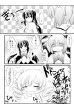  =_= akemi_homura blush bow cheek_pull comic drill_hair explosion greyscale hair_ornament hair_ribbon hairband head kaname_madoka long_hair mahou_shoujo_madoka_magica makino_(ukiuo) monochrome multiple_girls open_mouth pale_face ribbon school_uniform shaded_face short_hair smile tomoe_mami translation_request twin_drills twintails 