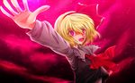  ascot aurora bad_id bad_pixiv_id blush fang foreshortening glowing glowing_eyes hair_ribbon highres long_sleeves nekominase night open_mouth outstretched_arms pink_eyes ribbon rumia shaded_face shirt short_hair sky smile solo star_(sky) touhou upper_body vest wind 