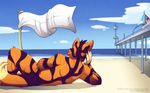  back beach black_fur claws clouds feline hahul lying male nude orange_fur sea seaside sky solo water white_flag white_fur 