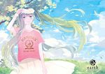  aqua_eyes aqua_hair cloud day flower flower_bracelet hatsune_miku head_wreath long_hair looking_at_viewer mig_(36th_underground) outdoors petals shirt sky smile solo twintails very_long_hair vocaloid 