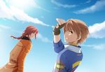  blue_background brown_eyes brown_hair cloud coat day eiyuu_densetsu fingerless_gloves gloves green_eyes lloyd_bannings long_hair male_focus multiple_boys randy_orlando red_hair sky smile sun_trial 