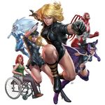  5girls barbara_gordon batman_(series) belt birds_of_prey black_canary black_gloves black_hair black_shoes blonde_hair blue_eyes bodysuit boots breasts brown_shoes cape cleavage dawn_granger dc_comics domino_mask dove_(dc) elbow_gloves emblem fishnets glasses gloves green_shirt gun hank_hall hat hawk_(dc) helena_bertinelli huntress jacket lady_blackhawk leather leather_jacket leotard mask multiple_girls muscle navel_cutout oracle peaked_cap purple_shoes realistic red_hair running shirt shoes simple_background sitting stanley_lau thigh_boots thigh_strap thighhighs utility_belt weapon wheelchair white_gloves white_hair white_shoes 