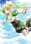  blonde_hair blush boots breasts cleavage collarbone flying green_eyes green_wings highres leafa leg_up long_hair medium_breasts outstretched_arms ponytail sky smile solo sword_art_online wings yopparai_oni 