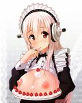  blush breasts cream food fruit headphones iwanishi large_breasts long_hair maid maid_headdress nipples nitroplus open_clothes open_mouth pink_hair red_eyes solo strawberry super_sonico 
