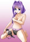  blue_eyes blush braid breasts cleavage hair_intakes hair_over_shoulder kanon kneeling large_breasts lingerie long_hair mature minase_akiko mottio open_mouth panties purple_hair simple_background single_braid smile solo spread_legs underwear 