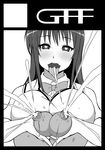  1girl areolae breasts erect_nipples female gff heart heart-shaped_pupils huge_breasts lactation long_hair milk milking monochrome open_mouth puffy_nipples solo symbol-shaped_pupils tongue 