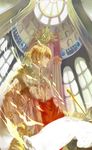  a3habit blonde_hair cape earrings fate/zero fate_(series) gilgamesh highres jewelry male_focus red_eyes solo staff throne 