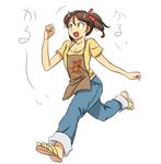  1girl animal_ears barefoot brown_hair cow_girl cow_girl_(hataraki) denim feet female flat_chest happy hataraki_ari horns jeans open_mouth original pants running sandals shirt short_hair simple_background solo toes translated twintails white_background 