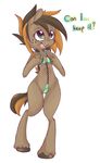  brown_fur coffeechicken dialog dialogue english_text equine female freckles fur green_eyes hair hooves horse mammal my_little_pony open_mouth plain_background pony smile solo standing swimsuit text two_tone_hair white_background 