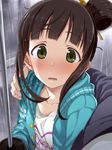  arm_around_neck black_hair blush breasts cleavage collarbone fujimaru_(bluebrand) green_eyes hair_bun hair_ornament hair_stick hamaguchi_ayame hetero idolmaster idolmaster_cinderella_girls jacket medium_breasts open_clothes open_jacket open_mouth pov rain umbrella wavy_mouth wet wet_hair 