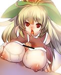  ashitaba_(nijie) blonde_hair bow breasts censored chestnut_mouth hair_bow highres large_breasts long_hair nijie nijie-tan nipples open_mouth paizuri penis pointless_censoring red_eyes saliva shirt_lift solo_focus sweat tongue tongue_out 