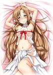  arm_up armpits arms_up asuna_(sao) blush breasts brown_eyes brown_hair crop_top ear_covers elf full-face_blush highres long_hair lying medium_breasts midriff navel on_back pointy_ears see-through solo sword_art_online titania_(sao) yellow_eyes yopparai_oni 